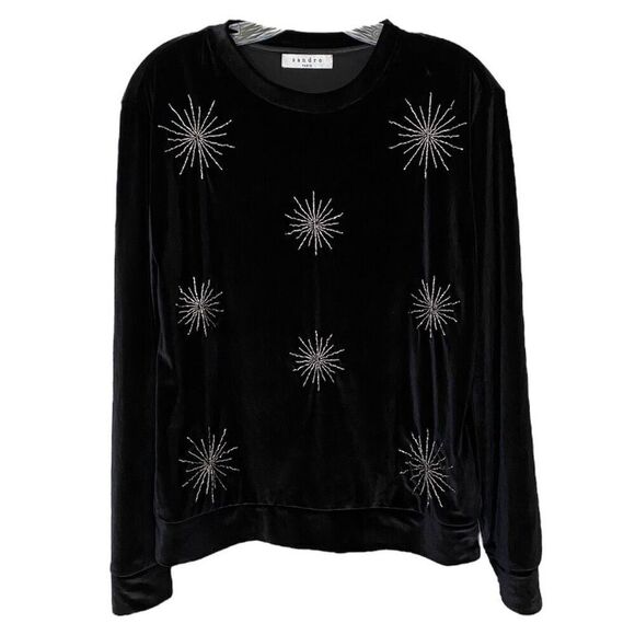 Sandro Black Velvet Glass Beaded Starburst Crew Neck Sweater Size 1/US 4/Small - Picture 1 of 6